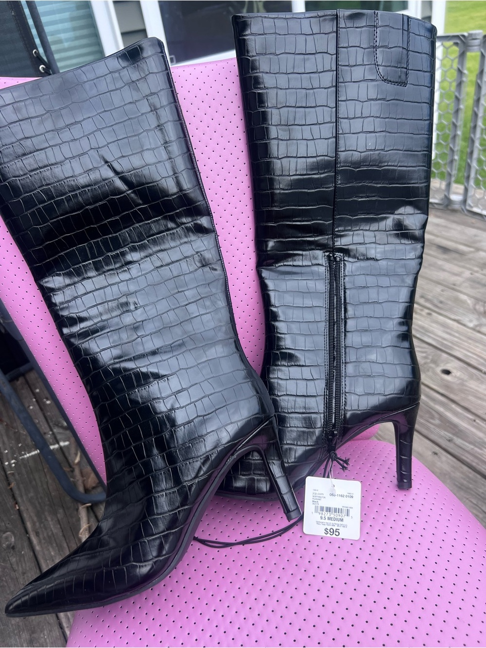 NWT Worthington Black Croc Embossed Knee High Heeled Boots Size 9.5